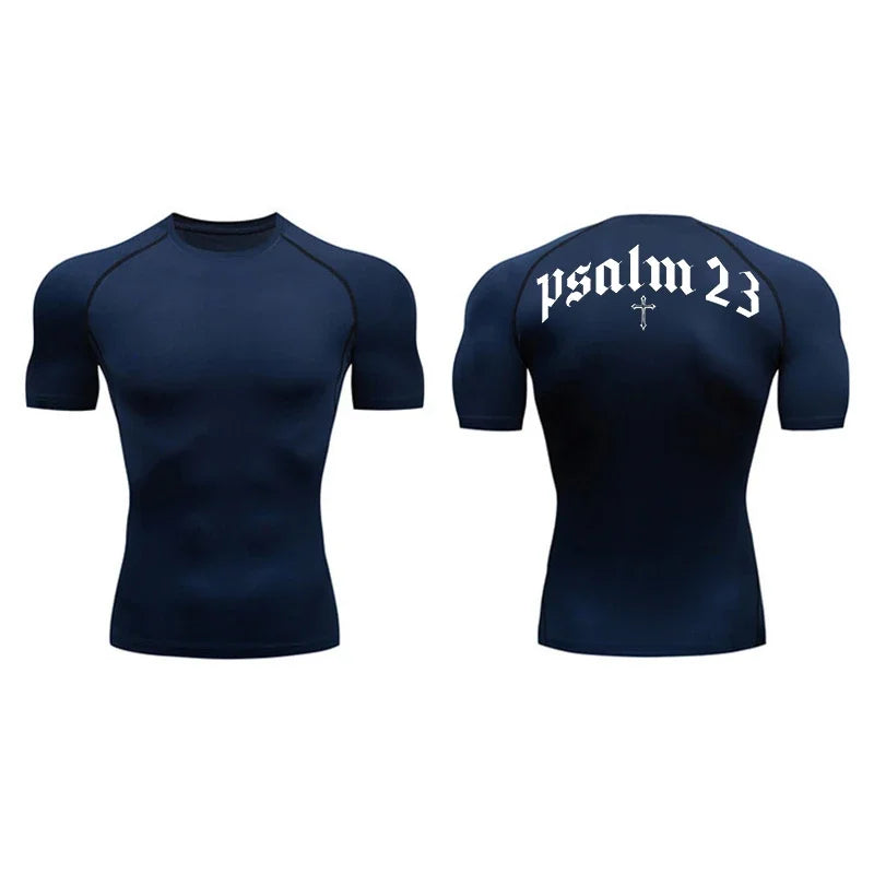 Psalm 23 Cross Print Men’s Gym & Fitness Compression Tee – Quick-Dry Short Sleeve (S-3XL)