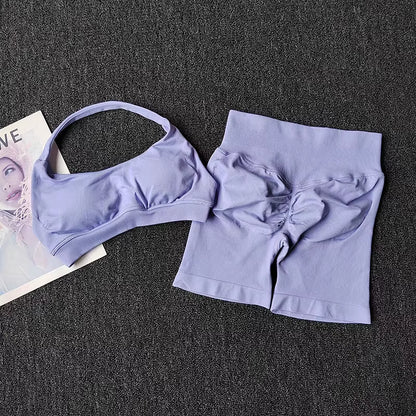2 Pieces Yoga Suit for Women Seamless Fitness Gym Clothes Halter Sports Bra Matching Impact Shorts Workout Sets Gym Set Outfit