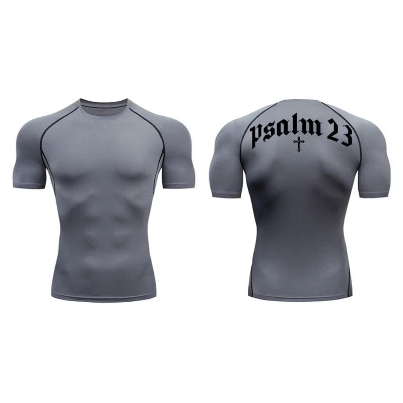 Psalm 23 Cross Print Men’s Gym & Fitness Compression Tee – Quick-Dry Short Sleeve (S-3XL)
