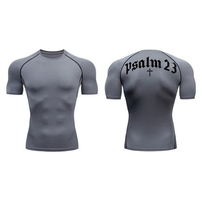 Psalm 23 Cross Print Men’s Gym & Fitness Compression Tee – Quick-Dry Short Sleeve (S-3XL)