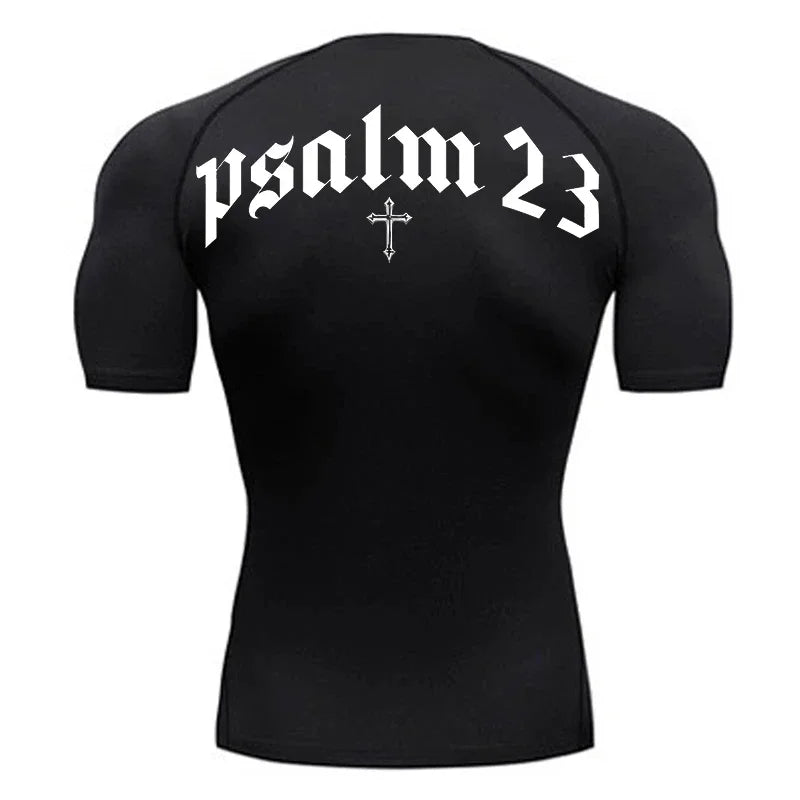Psalm 23 Cross Print Men’s Gym & Fitness Compression Tee – Quick-Dry Short Sleeve (S-3XL)