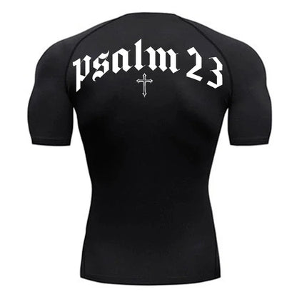 Psalm 23 Cross Print Men’s Gym & Fitness Compression Tee – Quick-Dry Short Sleeve (S-3XL)