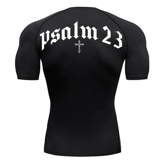Psalm 23 Cross Print Men’s Gym & Fitness Compression Tee – Quick-Dry Short Sleeve (S-3XL)
