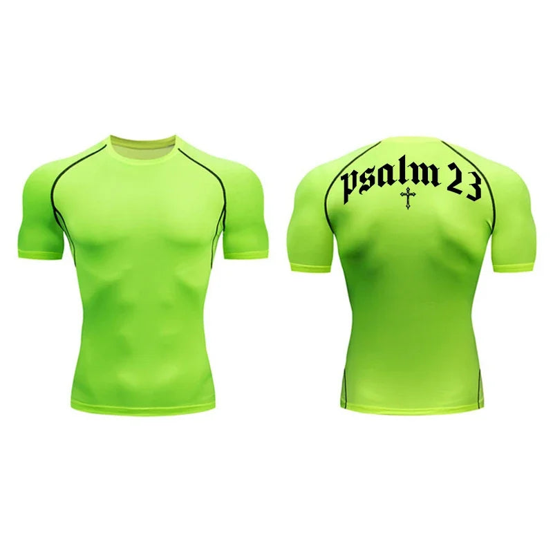 Psalm 23 Cross Print Men’s Gym & Fitness Compression Tee – Quick-Dry Short Sleeve (S-3XL)