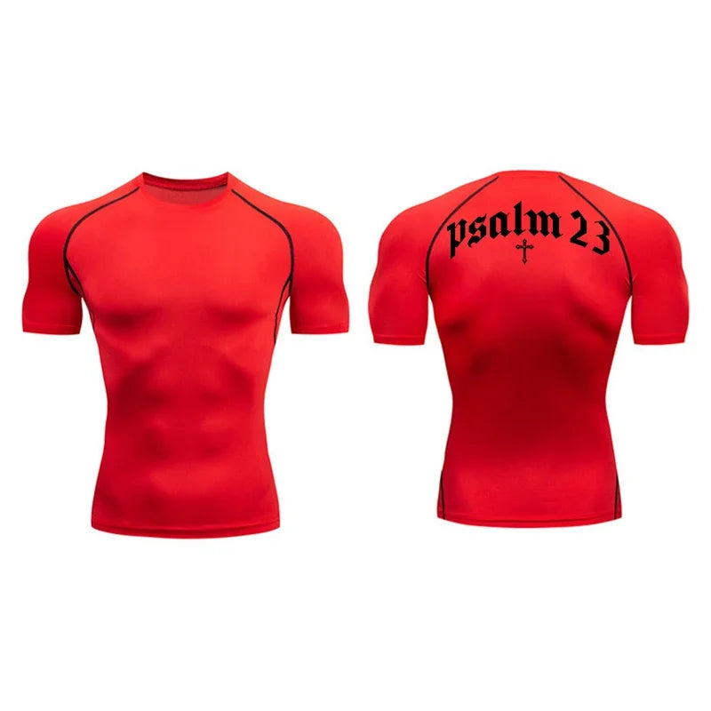 Psalm 23 Cross Print Men’s Gym & Fitness Compression Tee – Quick-Dry Short Sleeve (S-3XL)