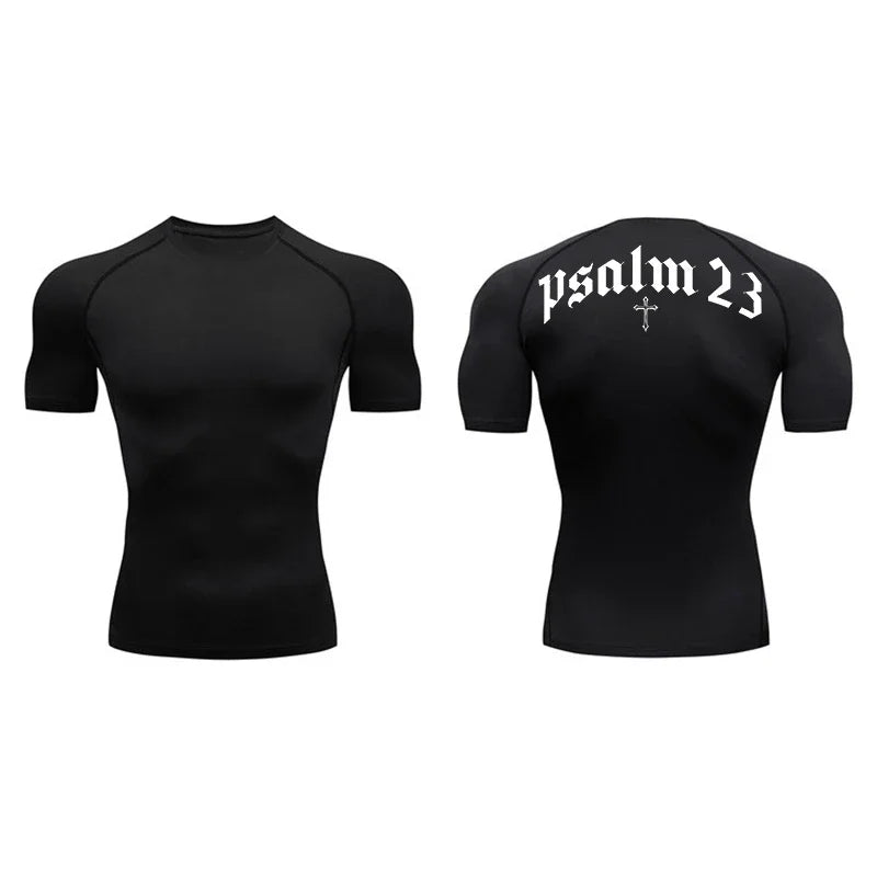 Psalm 23 Cross Print Men’s Gym & Fitness Compression Tee – Quick-Dry Short Sleeve (S-3XL)