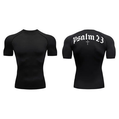 Psalm 23 Cross Print Men’s Gym & Fitness Compression Tee – Quick-Dry Short Sleeve (S-3XL)