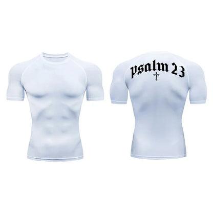 Psalm 23 Cross Print Men’s Gym & Fitness Compression Tee – Quick-Dry Short Sleeve (S-3XL)
