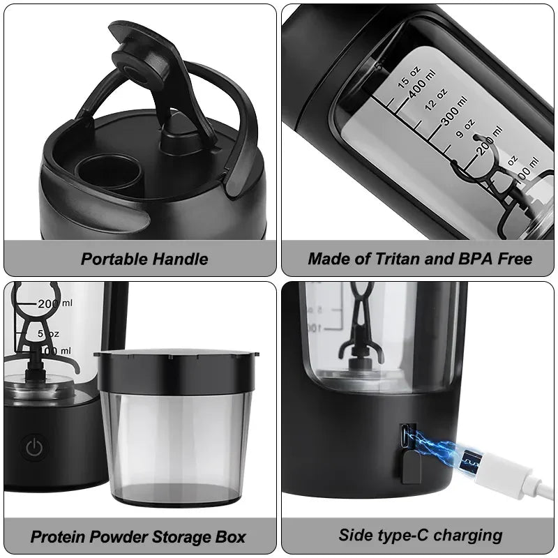 Portable Electric Protein Shaker Bottle 650ml – USB Rechargeable, Fully Automatic, BPA-Free, Smooth Mix